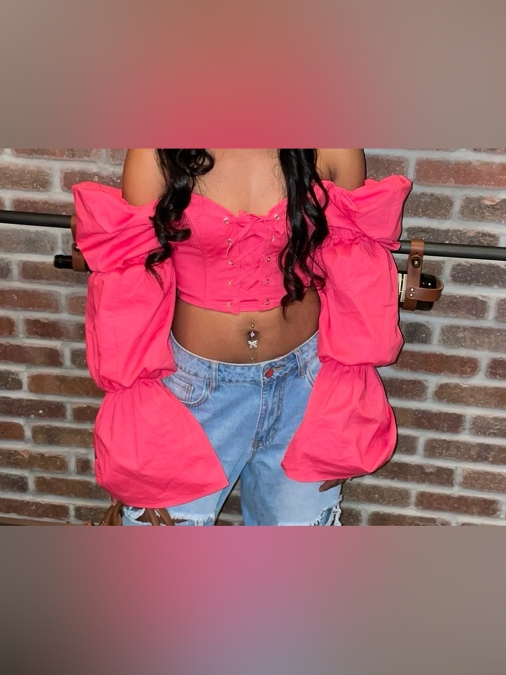 Women's Puff Sleeve Lace-Up Corset Top - Hot Pink